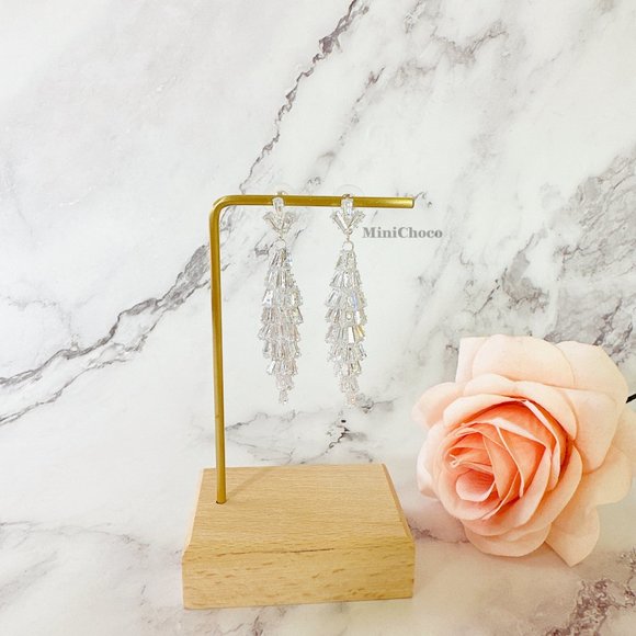 Silver Tone CZ Icy Clear Baguette Kang Kang Chandelier Earrings - Picture 3 of 7